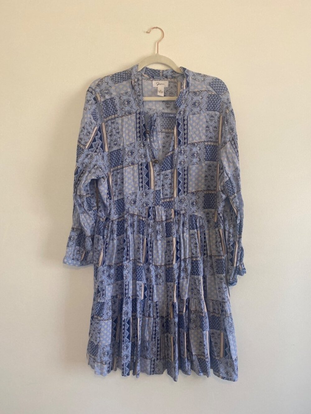 Japna Women's Tiered Boho Blue Midi Dress With Long Sleeves & Tie Neckline Size